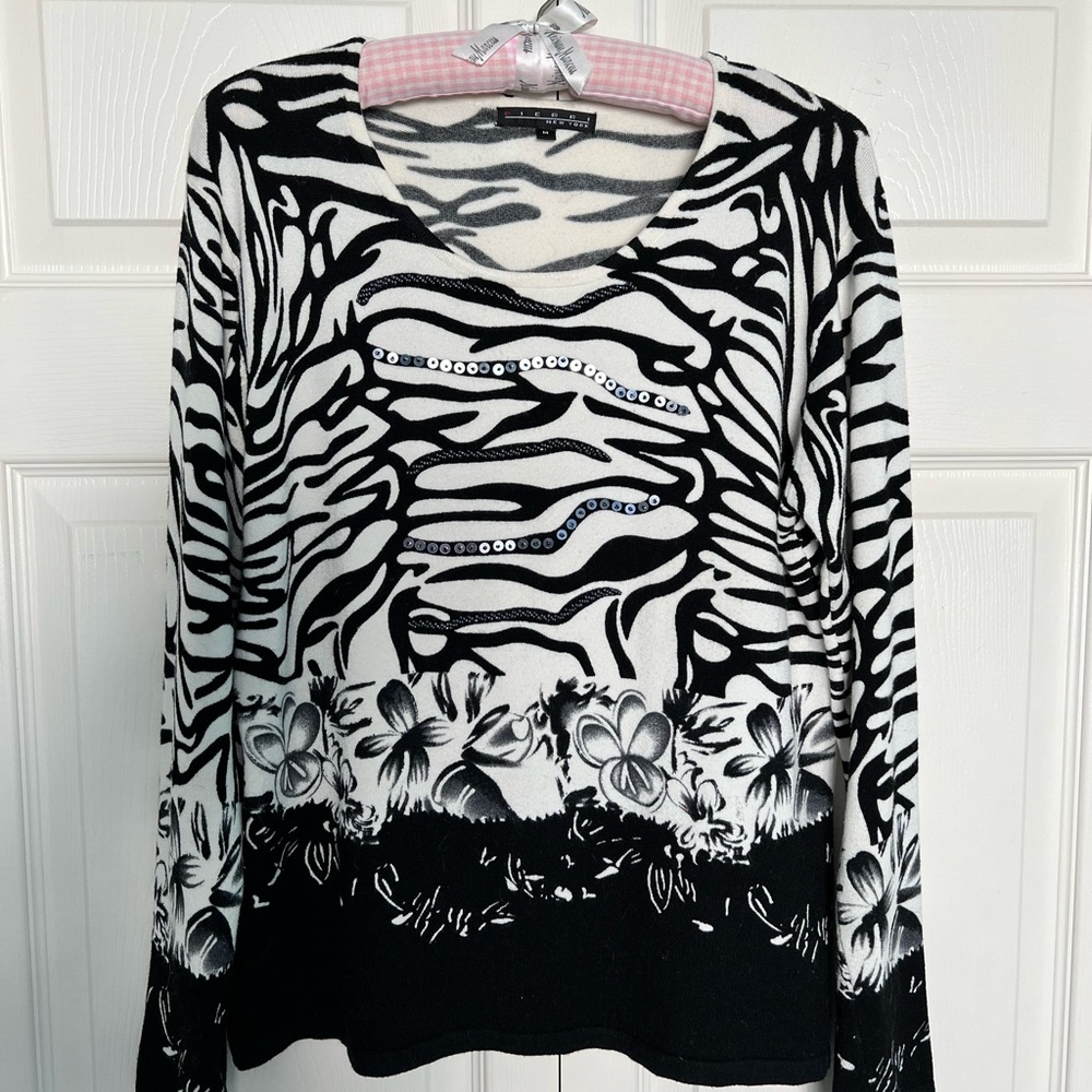 Pierri New York Embellished Zebra Print Scoop Neck Sweater